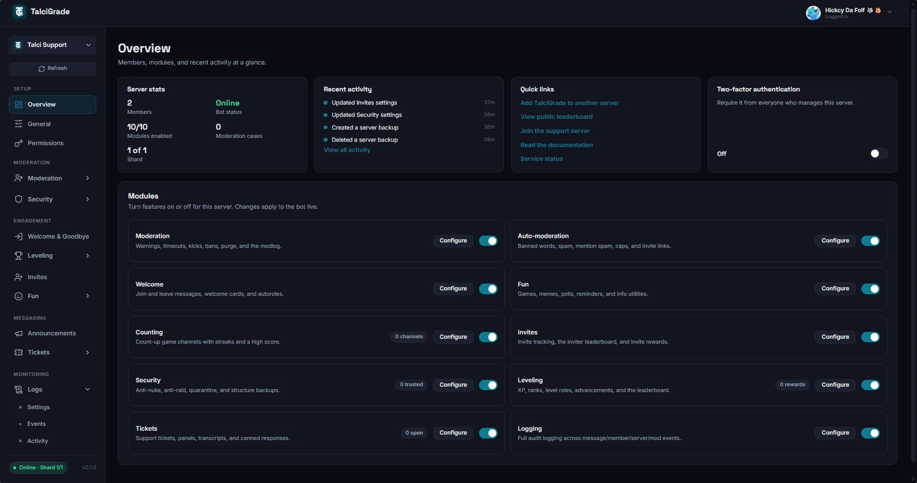 The TalciGrade dashboard, showing a server overview